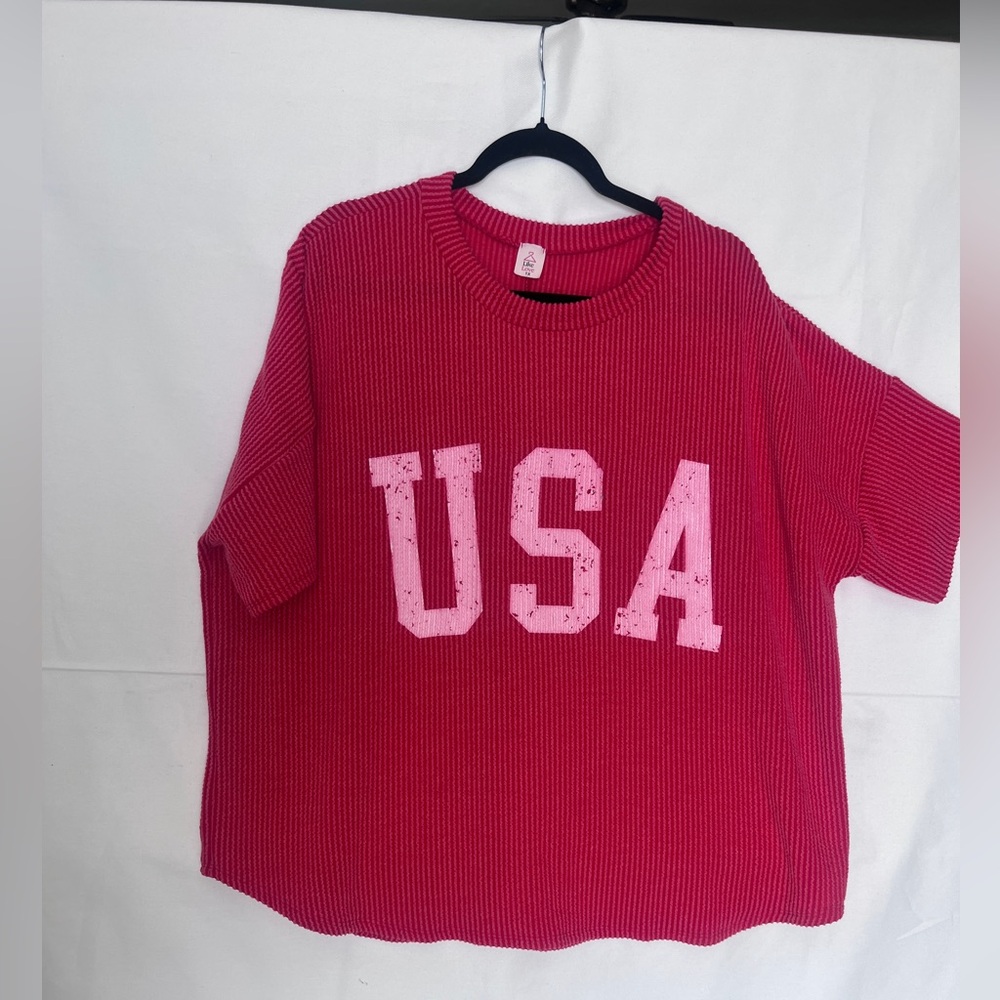 Relaxed Ribbed 'USA' Short Sleeve Tee - Pink